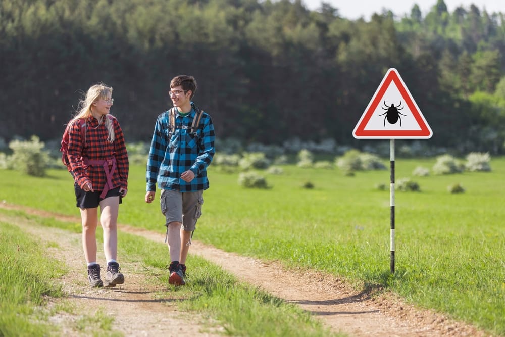 Hikers,Walking,Past,Tick,Infected,Area,With,Danger,Sign.,Risk PEMF Therapy for Lyme Disease